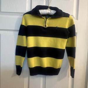 Polo Ralph Lauren Boys Striped Quarter-Zip Cotton Sweater Yellow Navy Size M (10